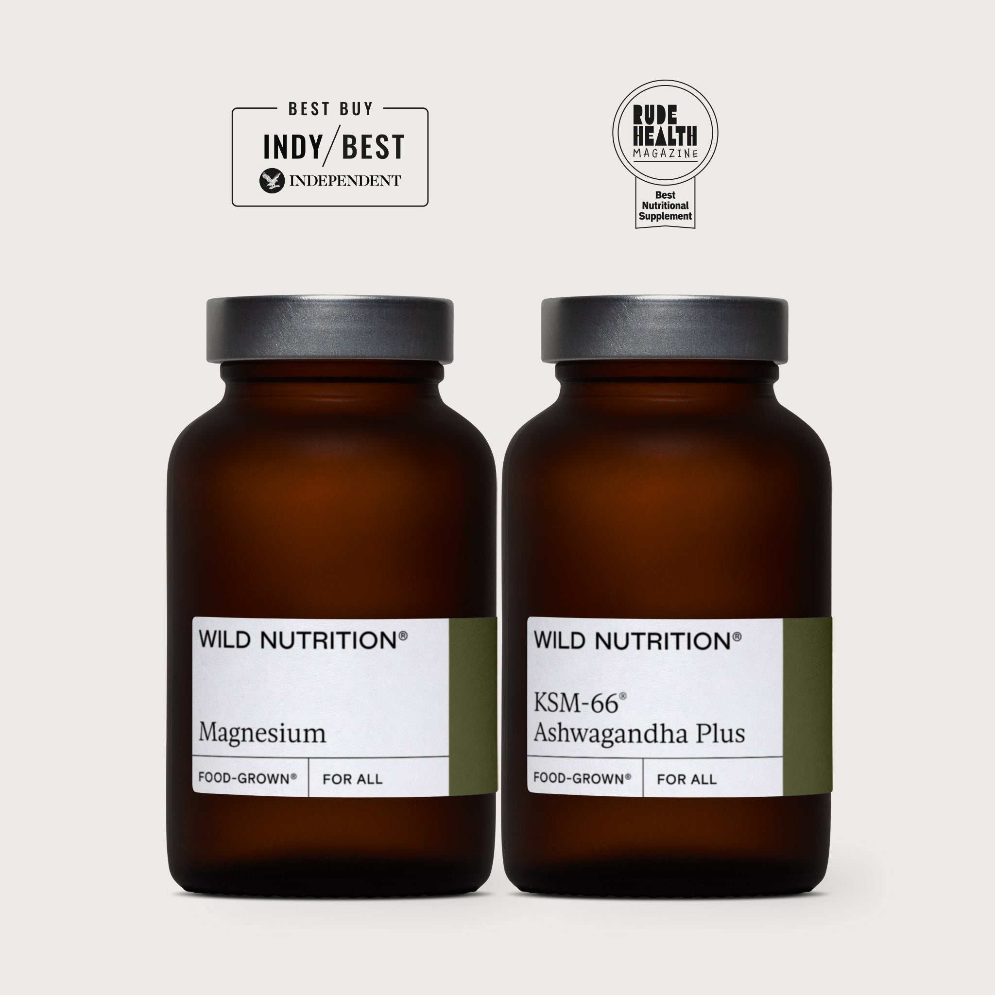 Night Time Duo from Wild Nutrition: Magnesium and KSM-66 Ashwagandha for relaxation and better sleep.