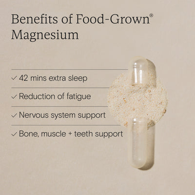 Wild Nutrition Food-Grown® Magnesium benefits including improved sleep, reduced fatigue, nervous system, and bone health support.