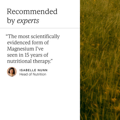 Text overlay with a quote about magnesium and a blurred grass background