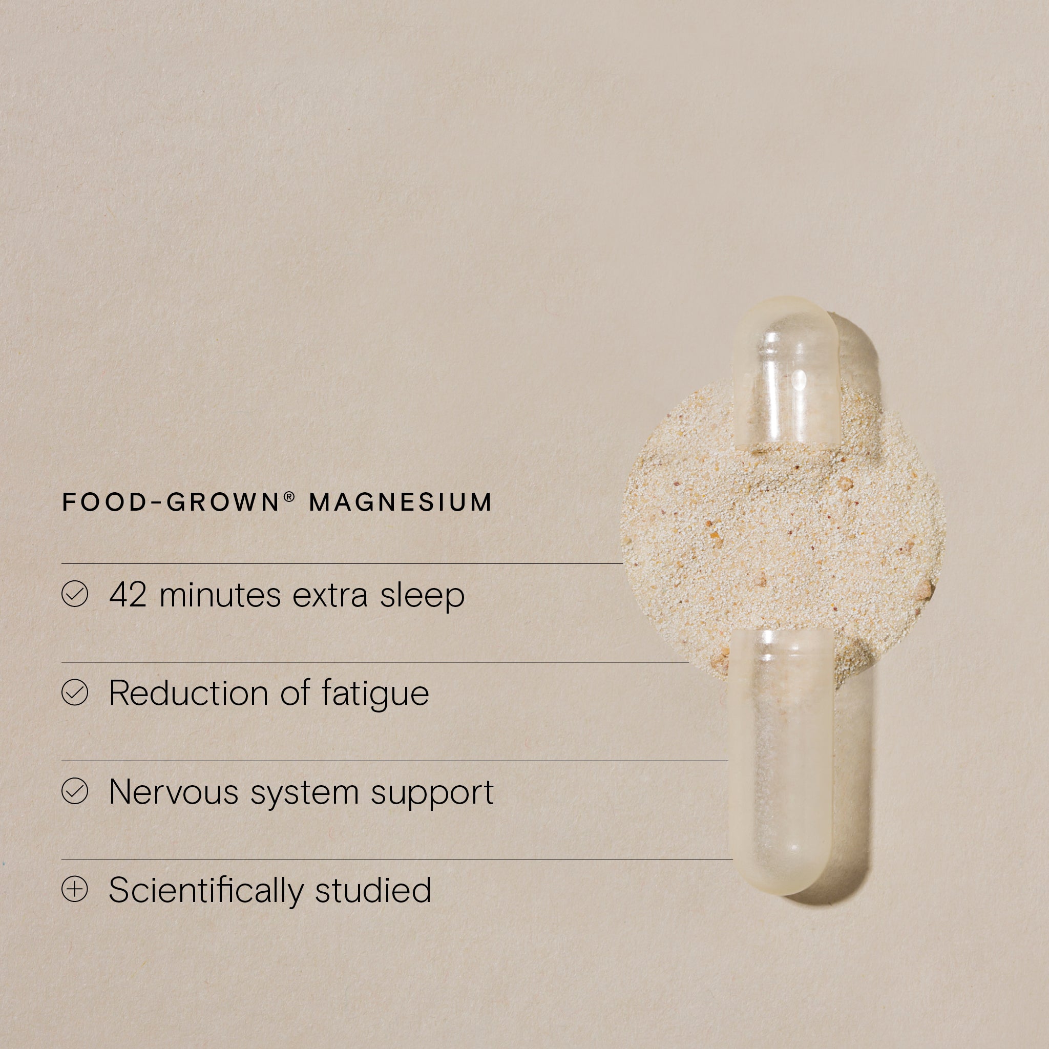 Food-grown magnesium supplement with benefits listed on a beige background