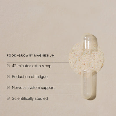 Food-grown magnesium supplement with benefits listed on a beige background