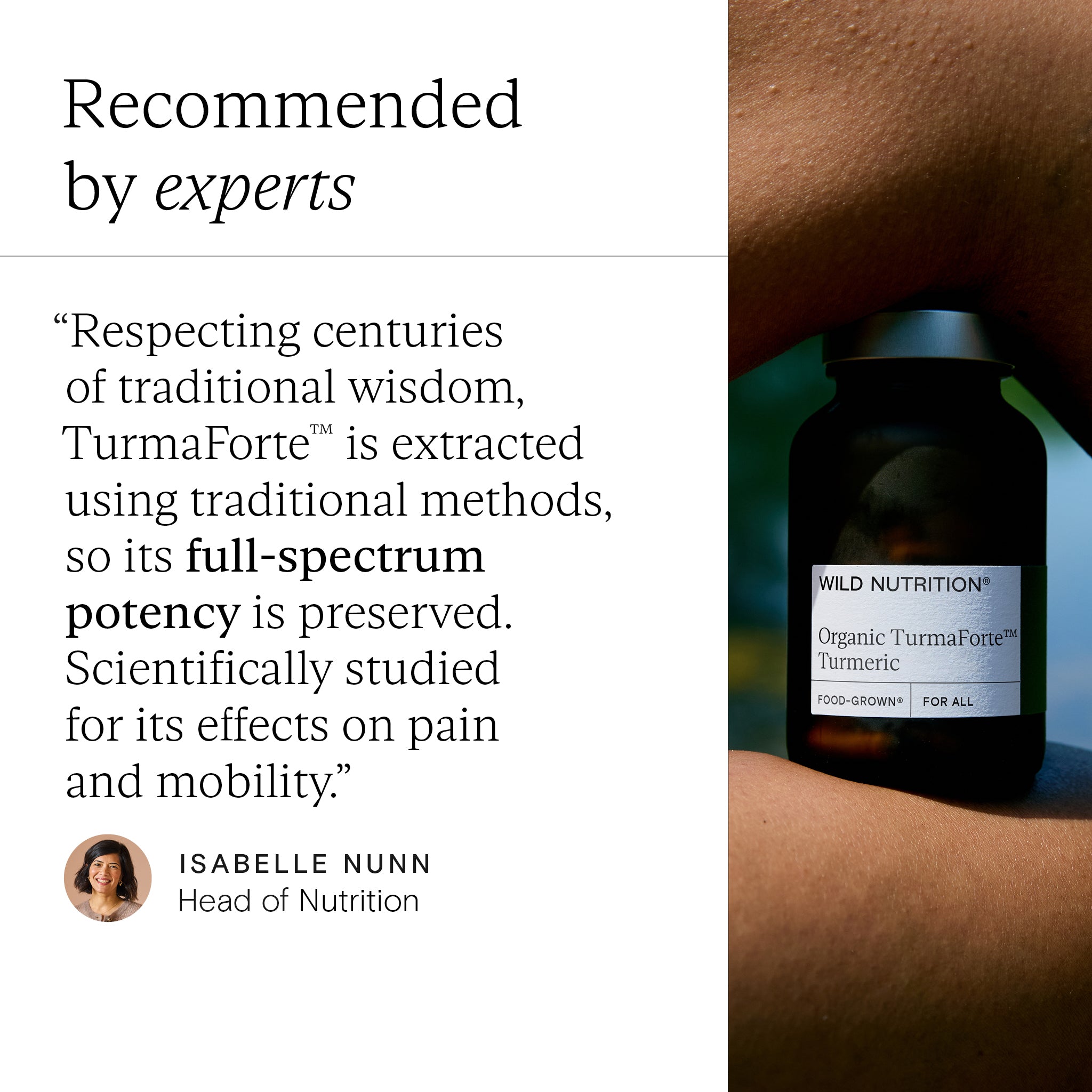 Wild Nutrition Organic TurmaForte Turmeric bottle with expert endorsement highlighting pain and mobility support