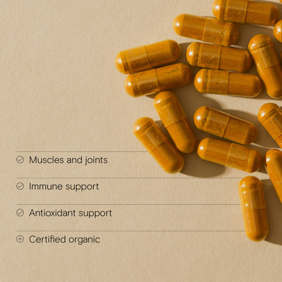 Organic turmeric capsules showing benefits for muscles joints immune and antioxidant support