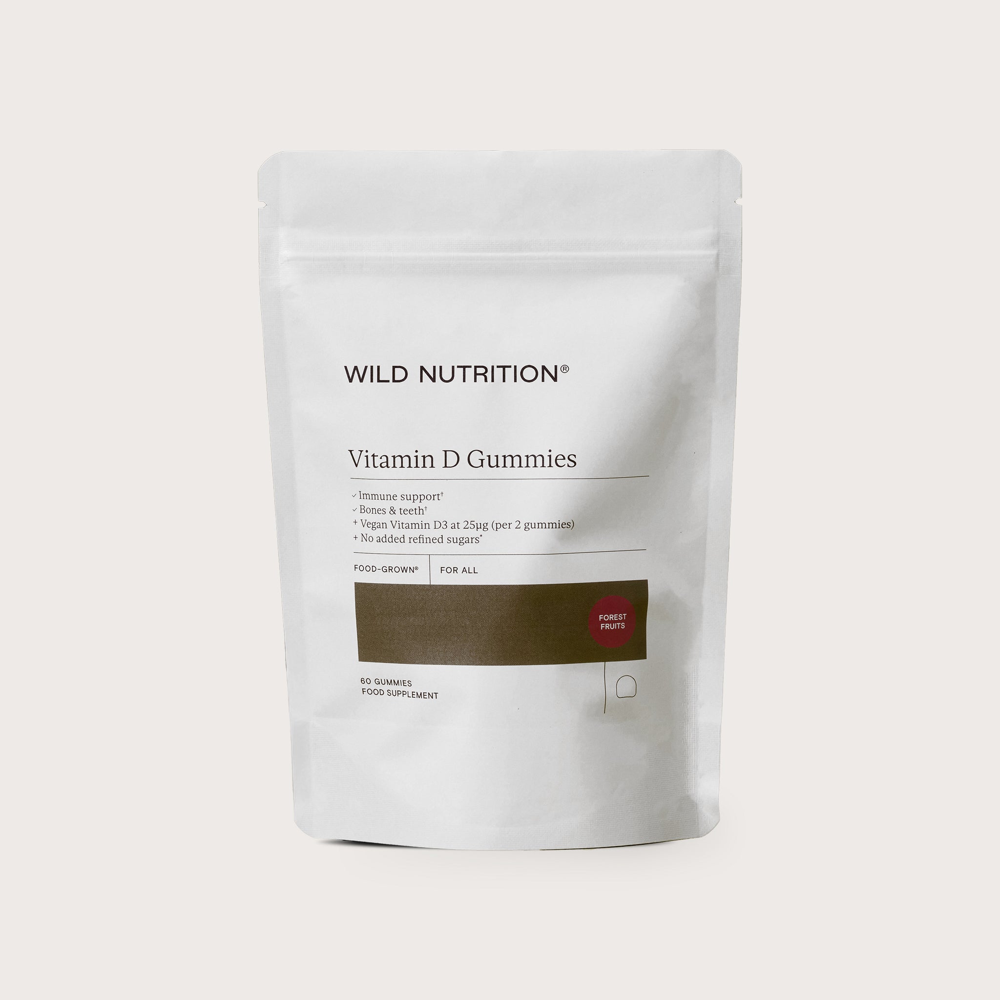 Wild Nutrition Vitamin D Gummies pack, offering immune support and made with whole fruit goodness. 60 gummies.
