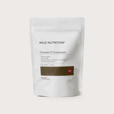 Wild Nutrition Vitamin D Gummies pack, offering immune support and made with whole fruit goodness. 60 gummies.