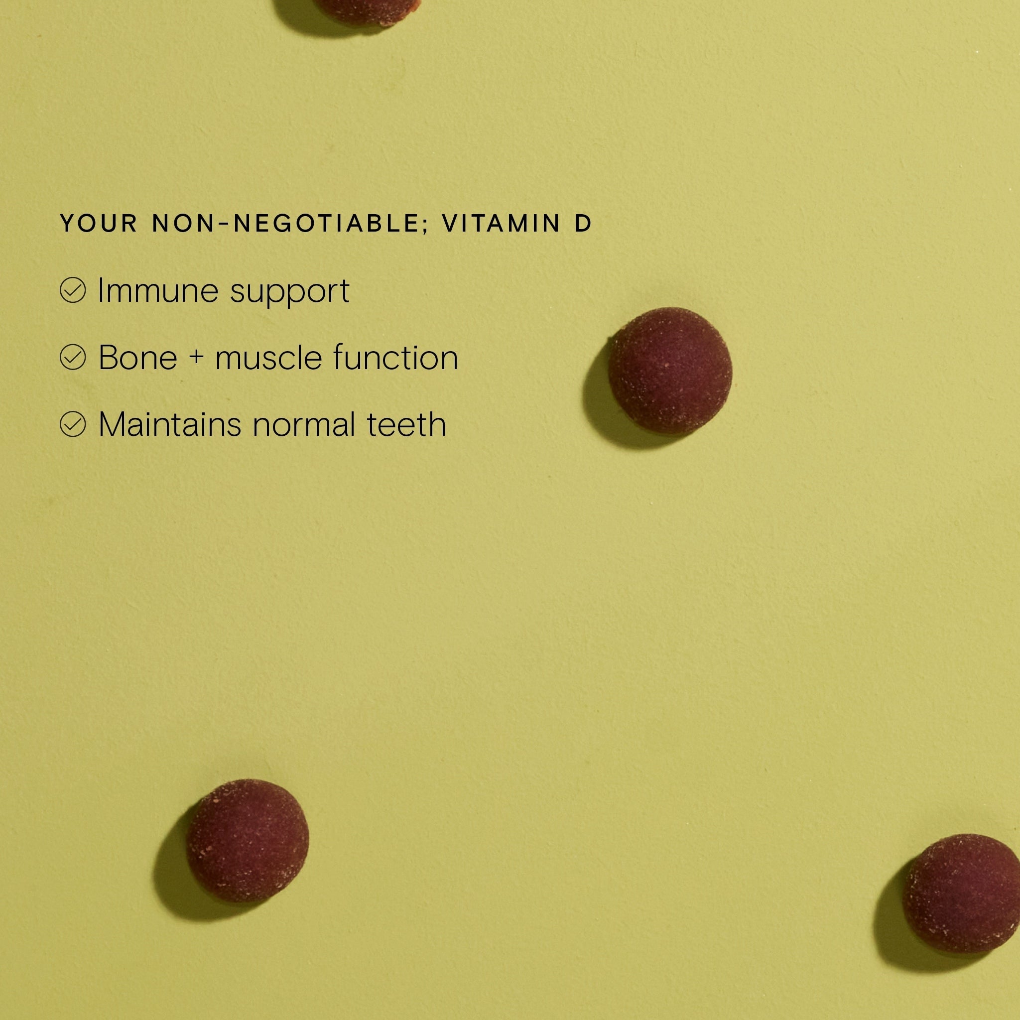 Food-Grown® Vitamin D Gummies showcasing immune support, bone and muscle function, and normal teeth maintenance.