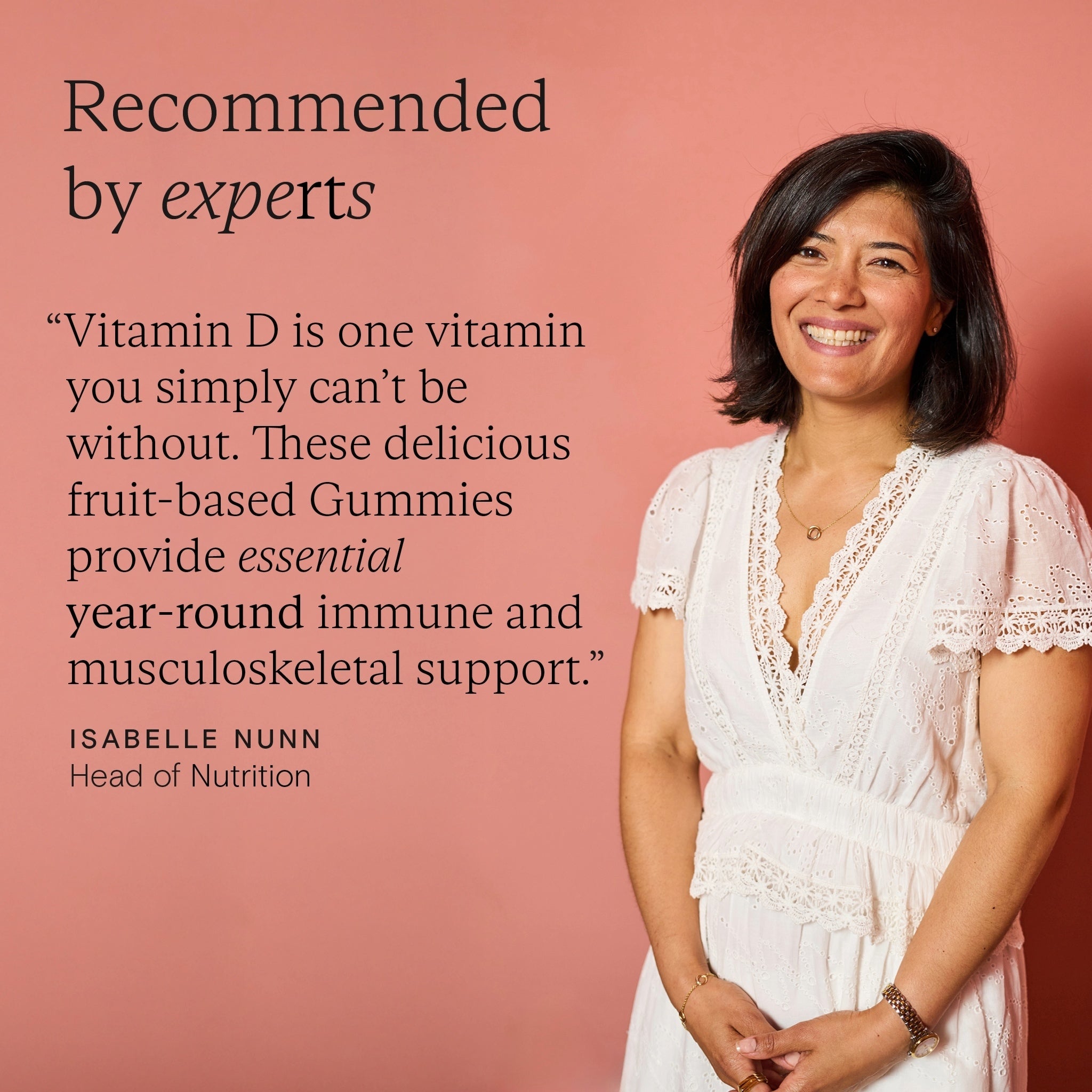 Isabelle Nunn, Head of Nutrition, endorsing Food-Grown® Vitamin D Gummies for immune and musculoskeletal support.