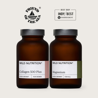 Wild Nutrition Beauty Sleep Duo featuring Food-Grown® Magnesium and Collagen 500 Plus supplements in eco-friendly glass jars"