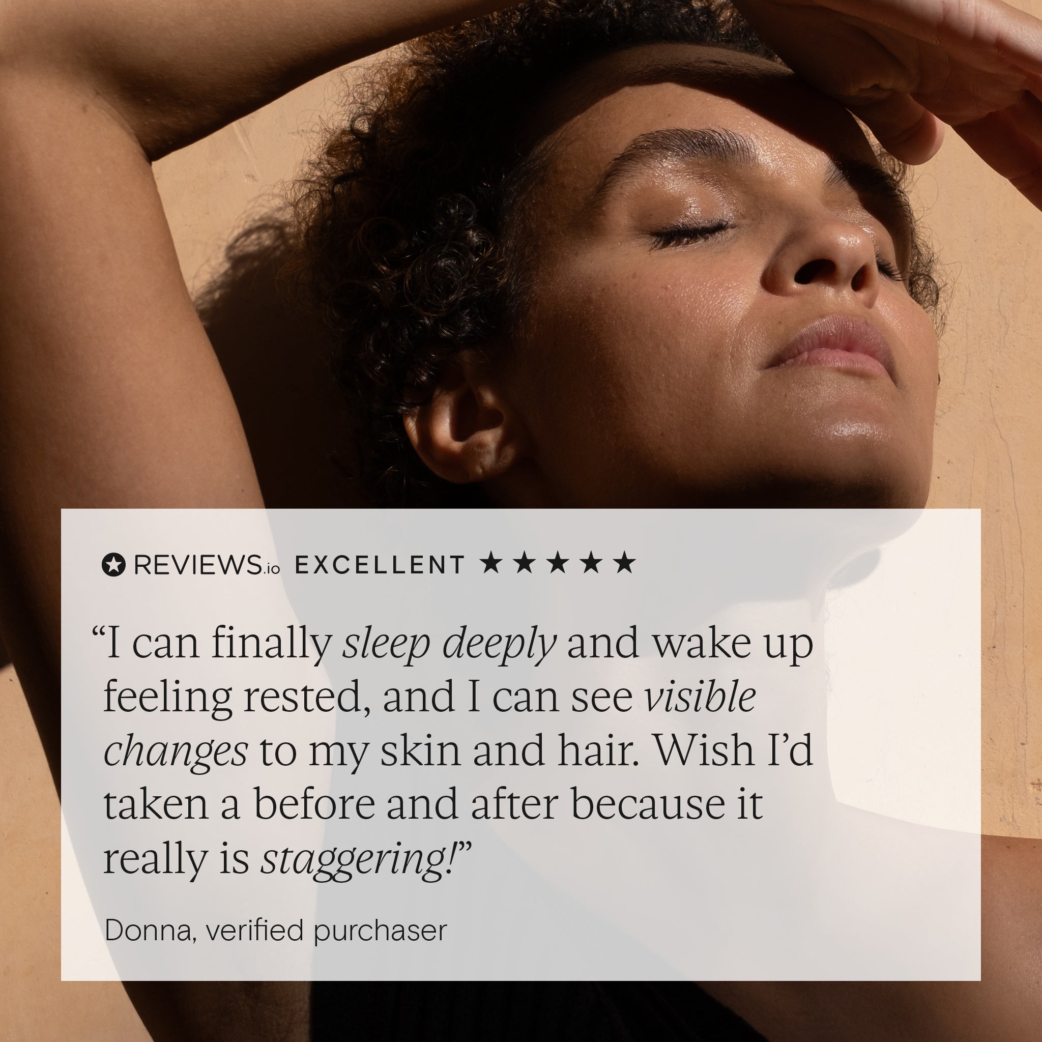 Customer testimonial praising Beauty Sleep Duo for helping achieve deep sleep, visible changes in skin and hair, and overall wellness results