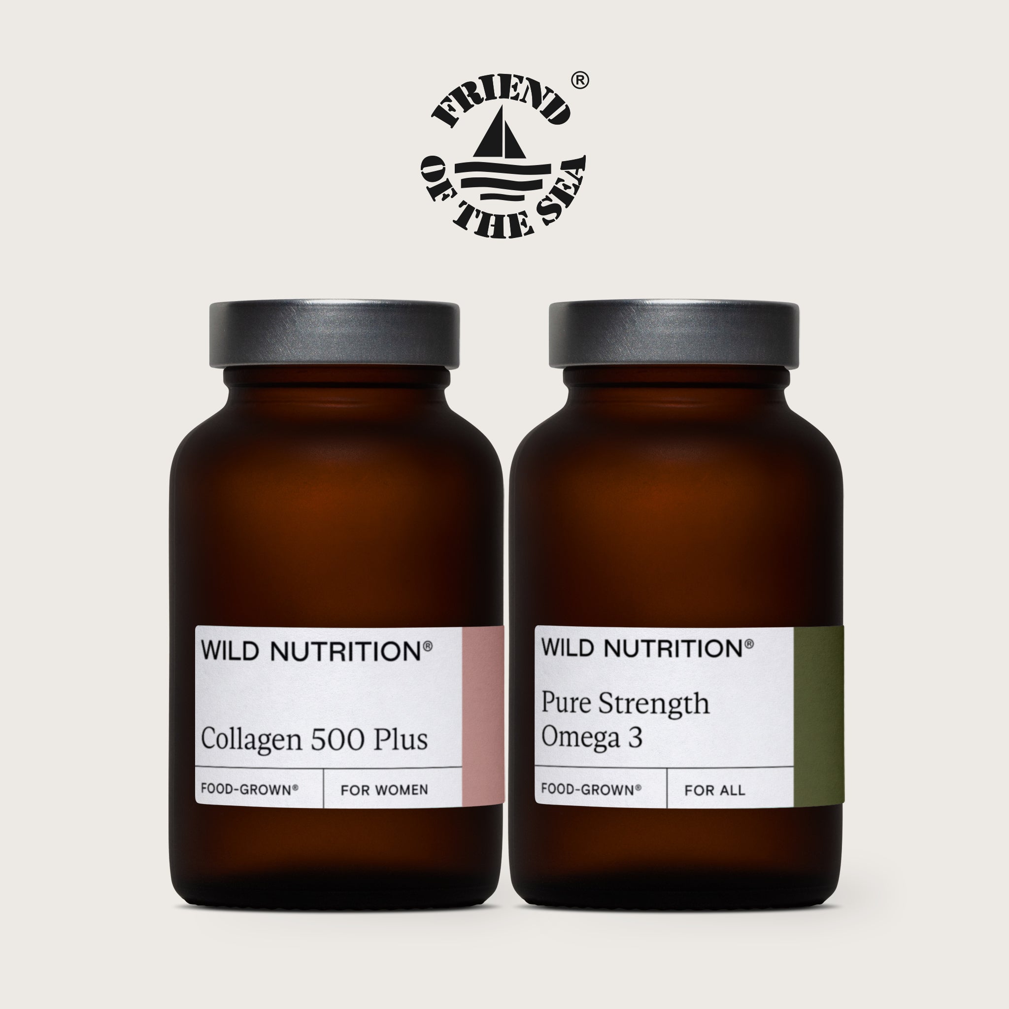 Wild Nutrition product duo showing Collagen 500 Plus and Pure Strength Omega 3 glass jars with Friend of the Sea certification