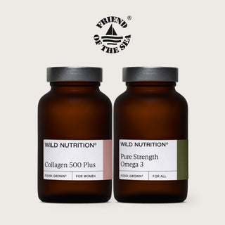 Wild Nutrition product duo showing Collagen 500 Plus and Pure Strength Omega 3 glass jars with Friend of the Sea certification