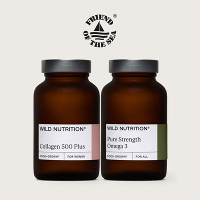 Wild Nutrition product duo showing Collagen 500 Plus and Pure Strength Omega 3 glass jars with Friend of the Sea certification