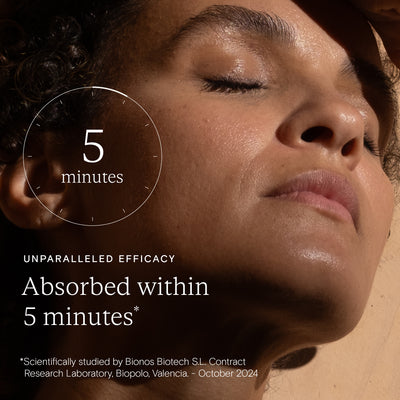 Close-up of woman’s face with claim that Wild Nutrition collagen supplement is absorbed within 5 minutes, based on scientific study