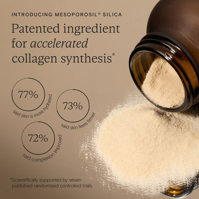 Open bottle of Wild Nutrition collagen powder with stats on improved hydration, firmness, and complexion from patented Mesoporosil® Silica