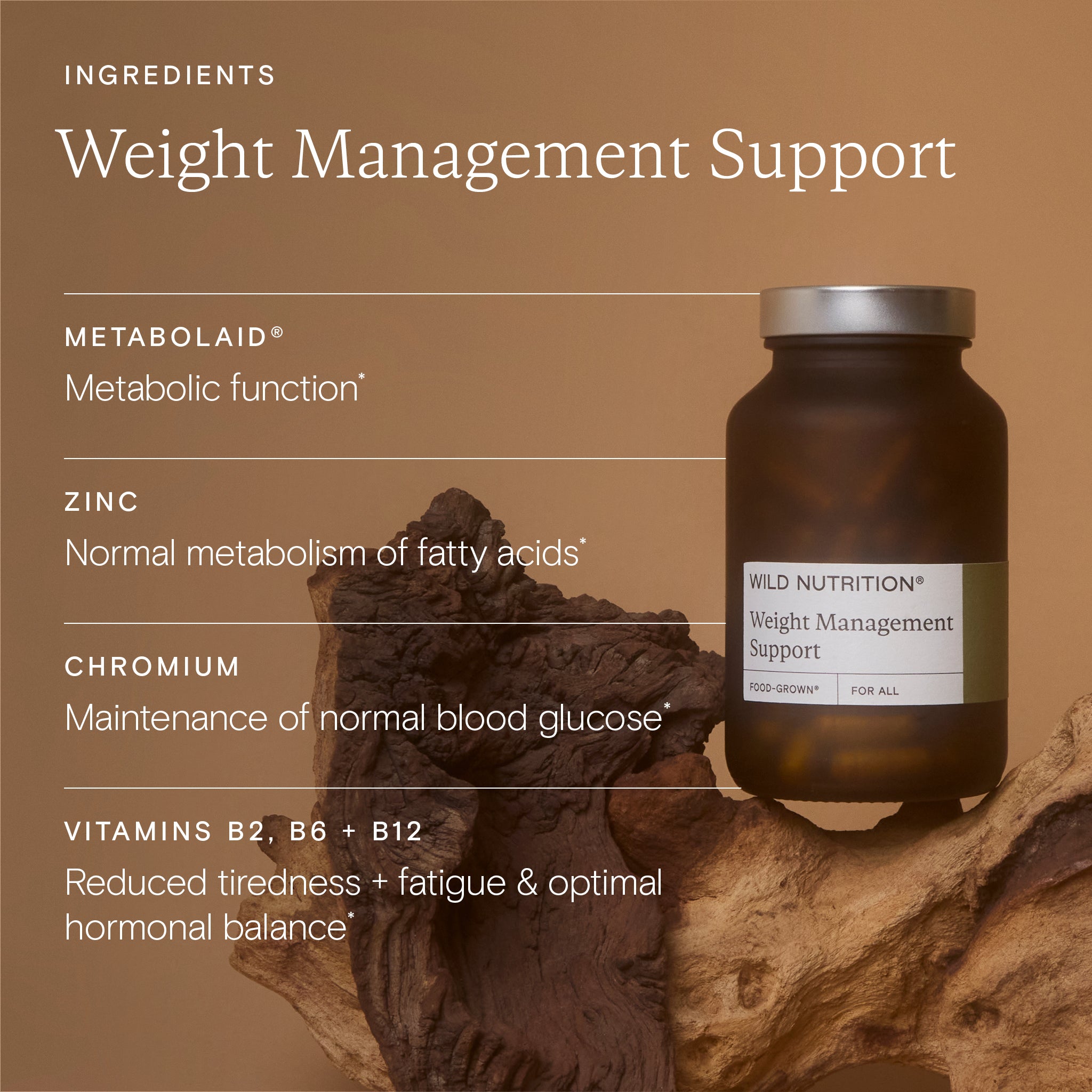 Weight management support supplement bottle with ingredients listed on a brown background