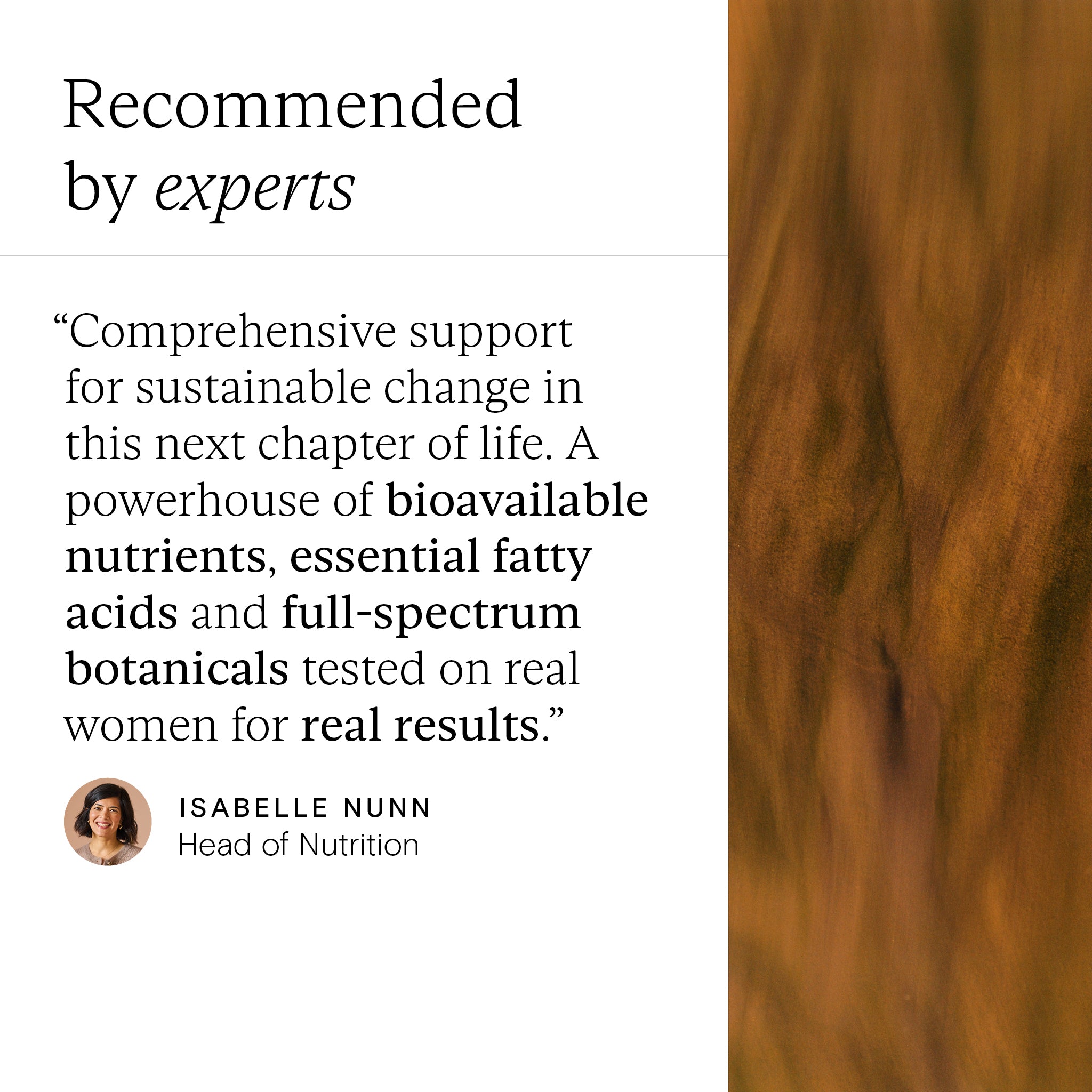 Text on a white background with a brown vertical stripe, featuring a quote about comprehensive support for sustainable change.