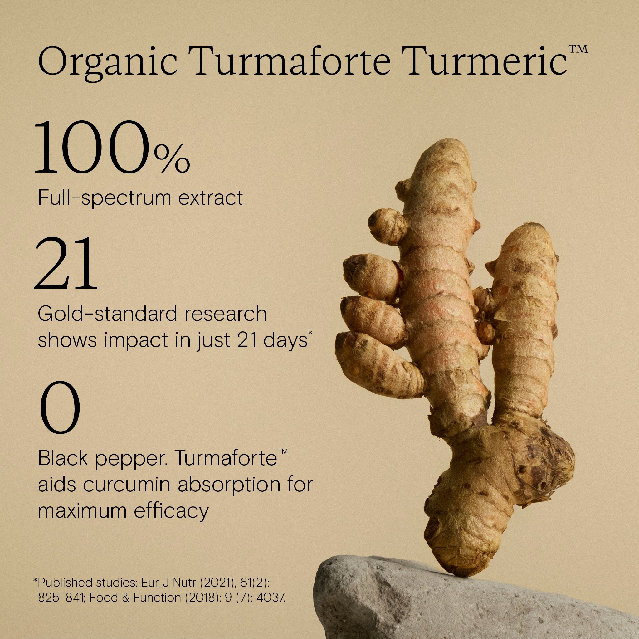 Organic Turmaforte Turmeric root on a beige background with text about its properties.