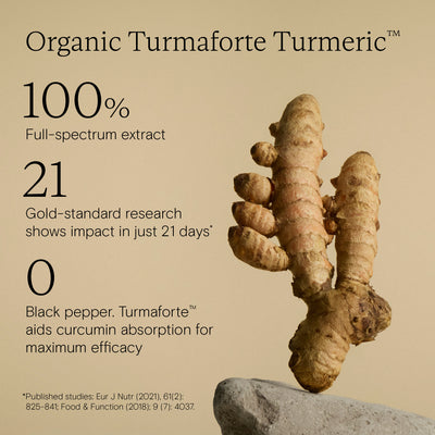 Organic Turmaforte Turmeric root on a beige background with text about its properties.