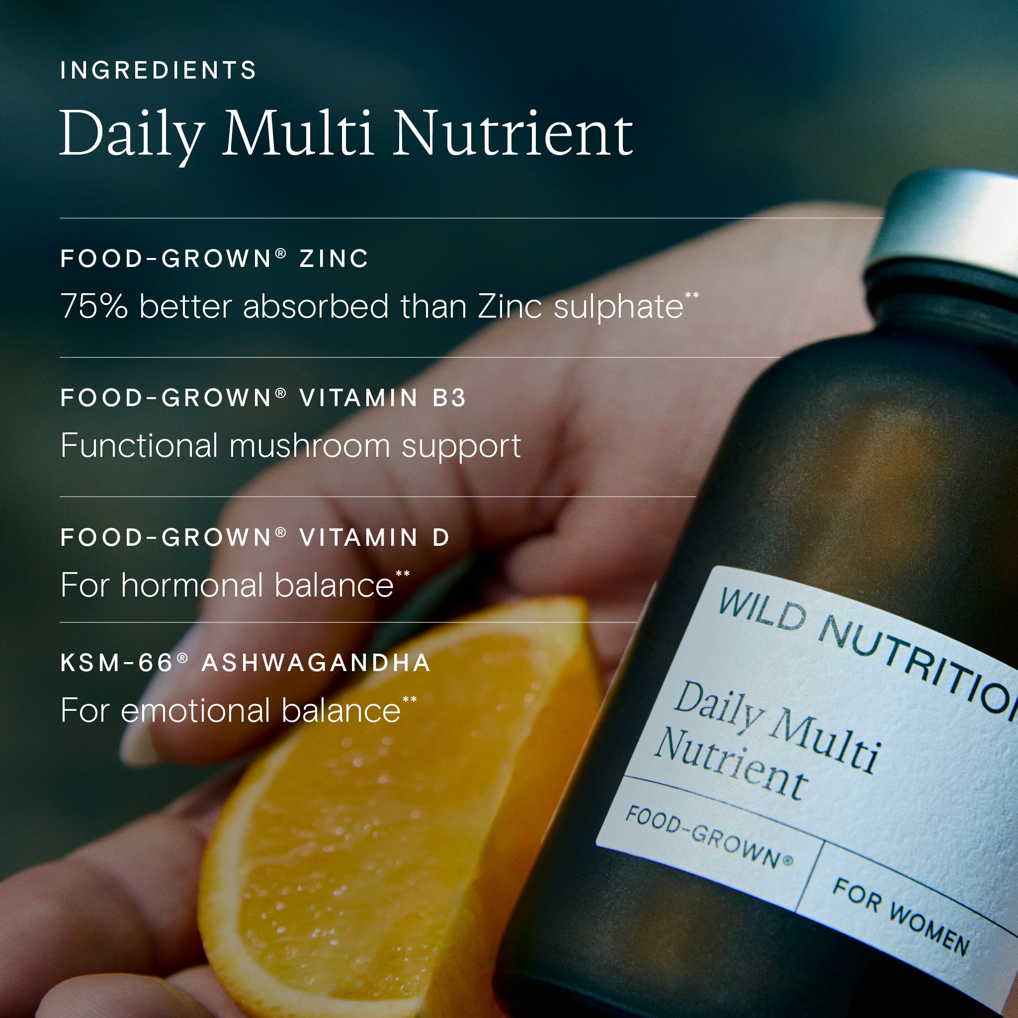 Wild Nutrition Daily Multi Nutrient supplement bottle with ingredients listed and a slice of orange.