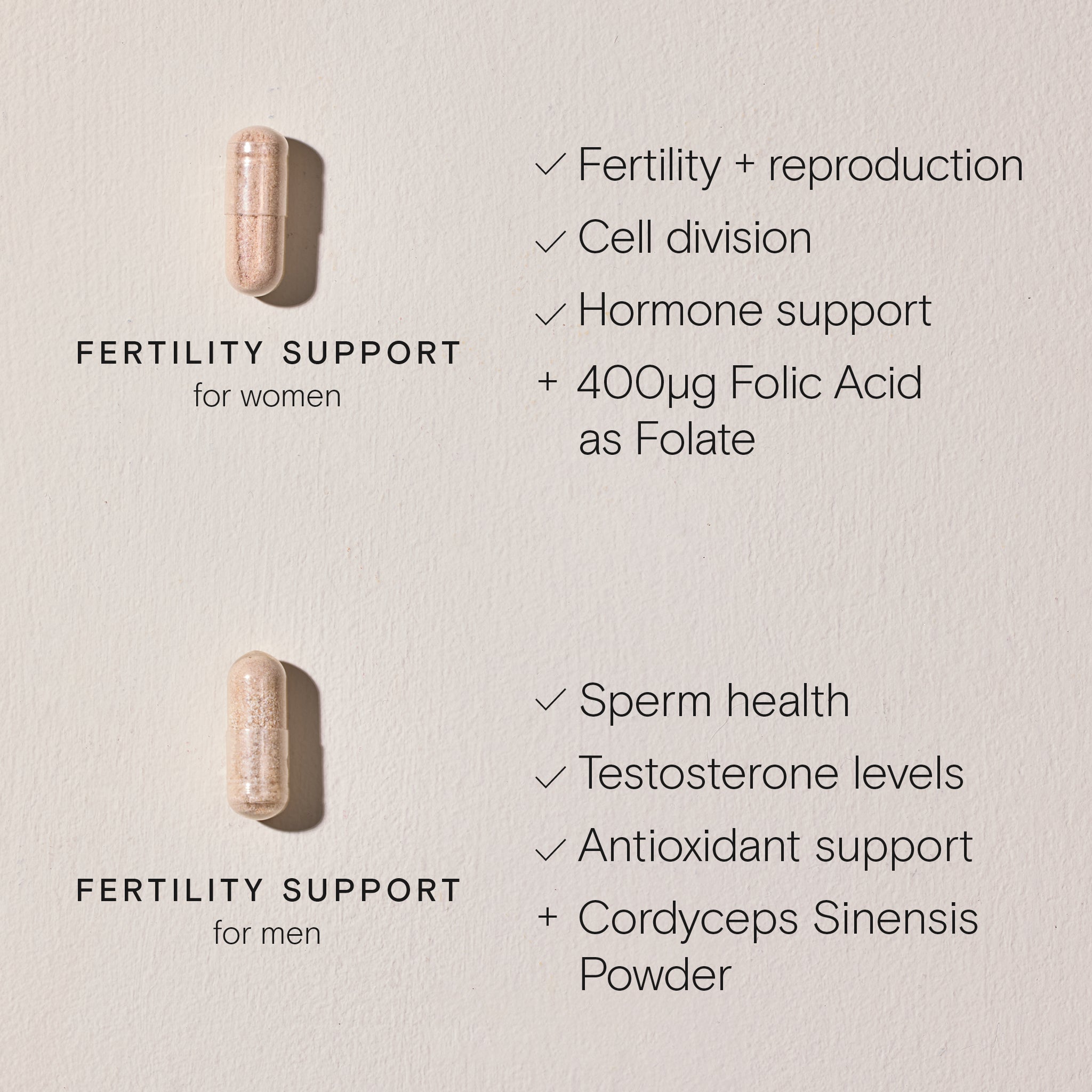 Wild Nutrition Fertility Support capsules for women and men with benefits like hormone support, folic acid, sperm health, and Cordyceps Sinensis