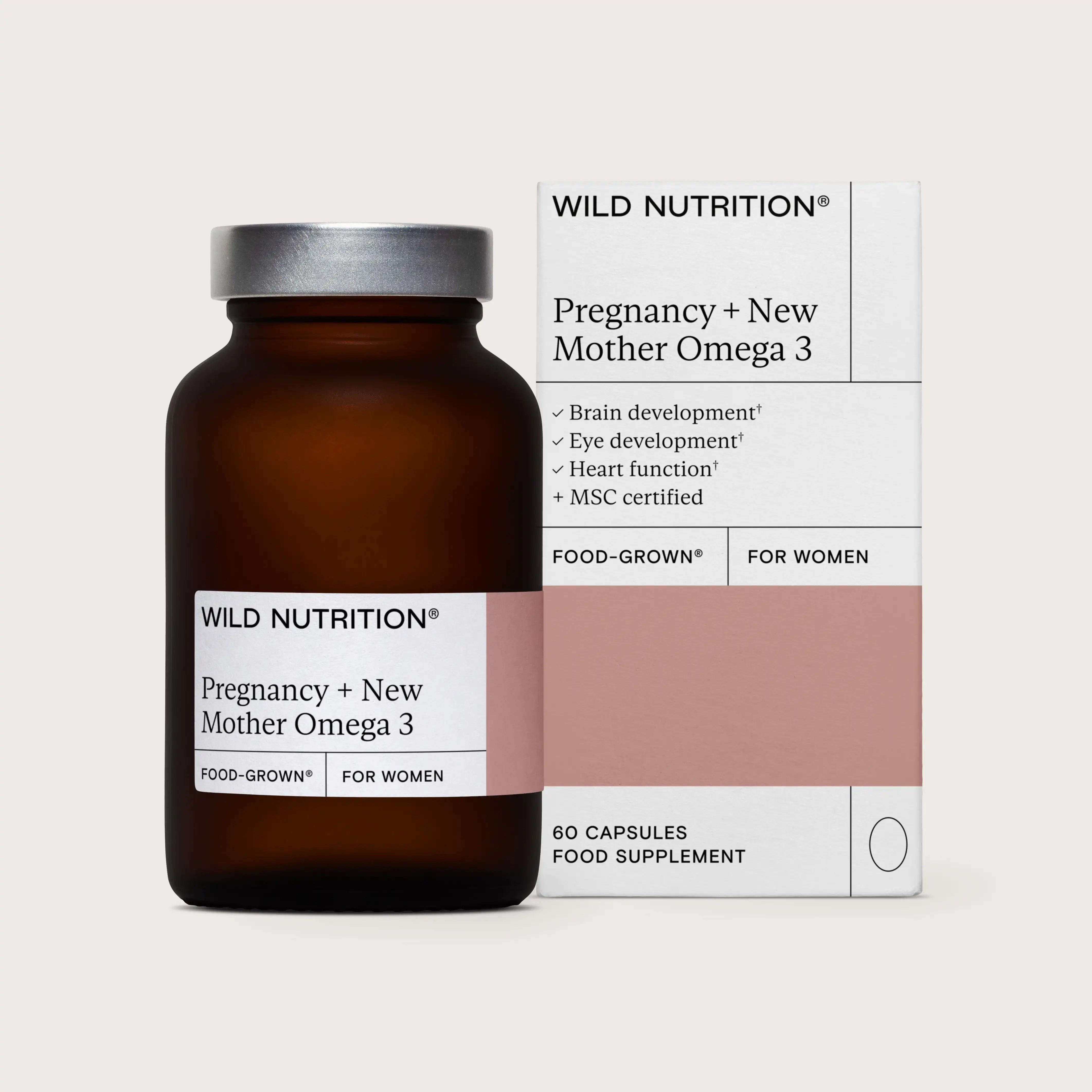Wild Nutrition Food-Grown® Pregnancy + New Mother Omega 3 capsules for brain and eye development, 60 capsules.