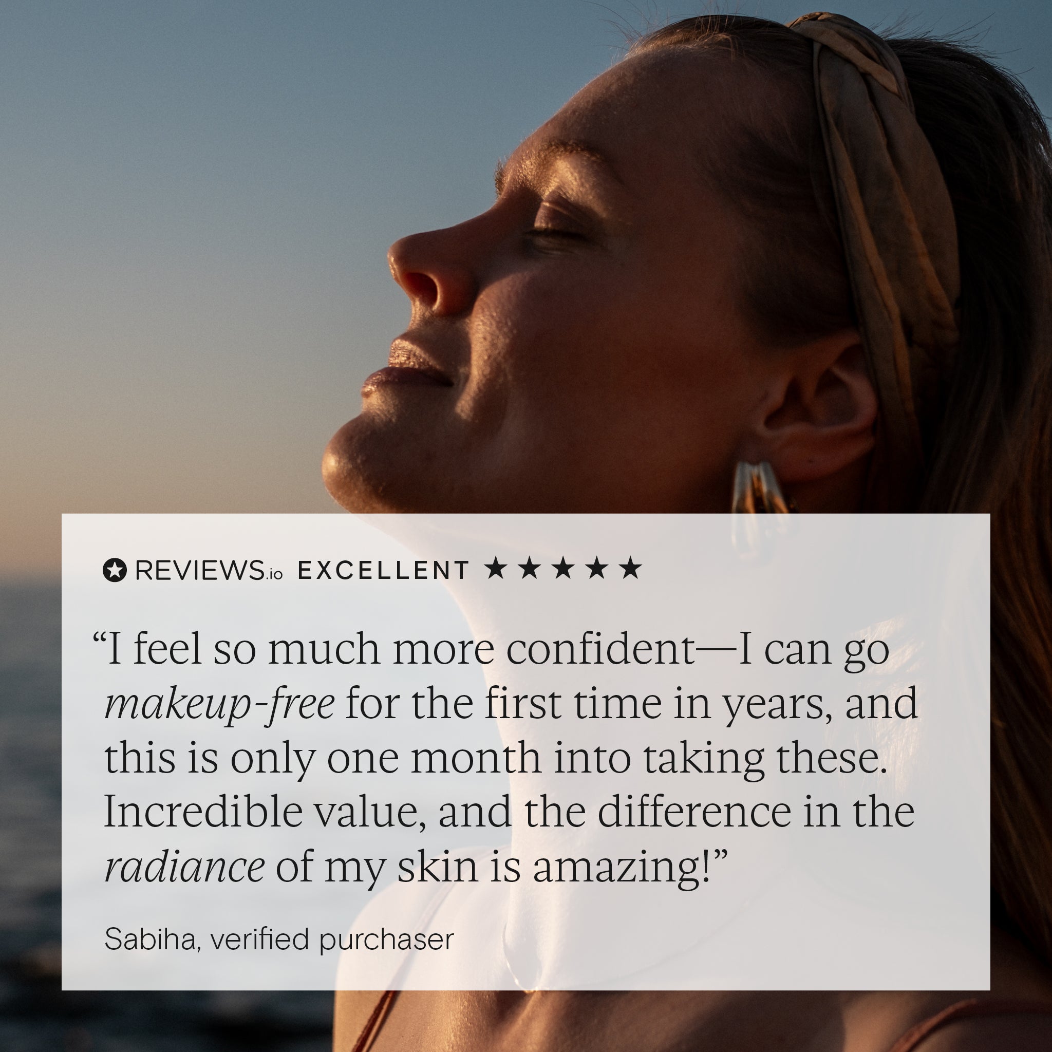 Customer review praising Wild Nutrition Future Skin Duo for skin radiance and makeup-free confidence after one month of use