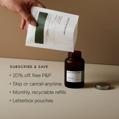 Hand pouring a supplement into a dark bottle with subscription details for Wild Nutrition's products.