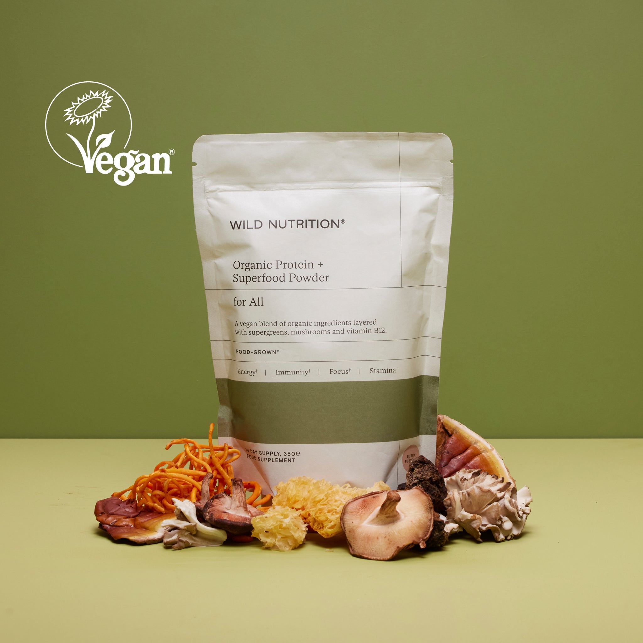 Food-Grown Organic Protein + Superfood Powder with mushrooms and supergreens, supporting energy and immunity.