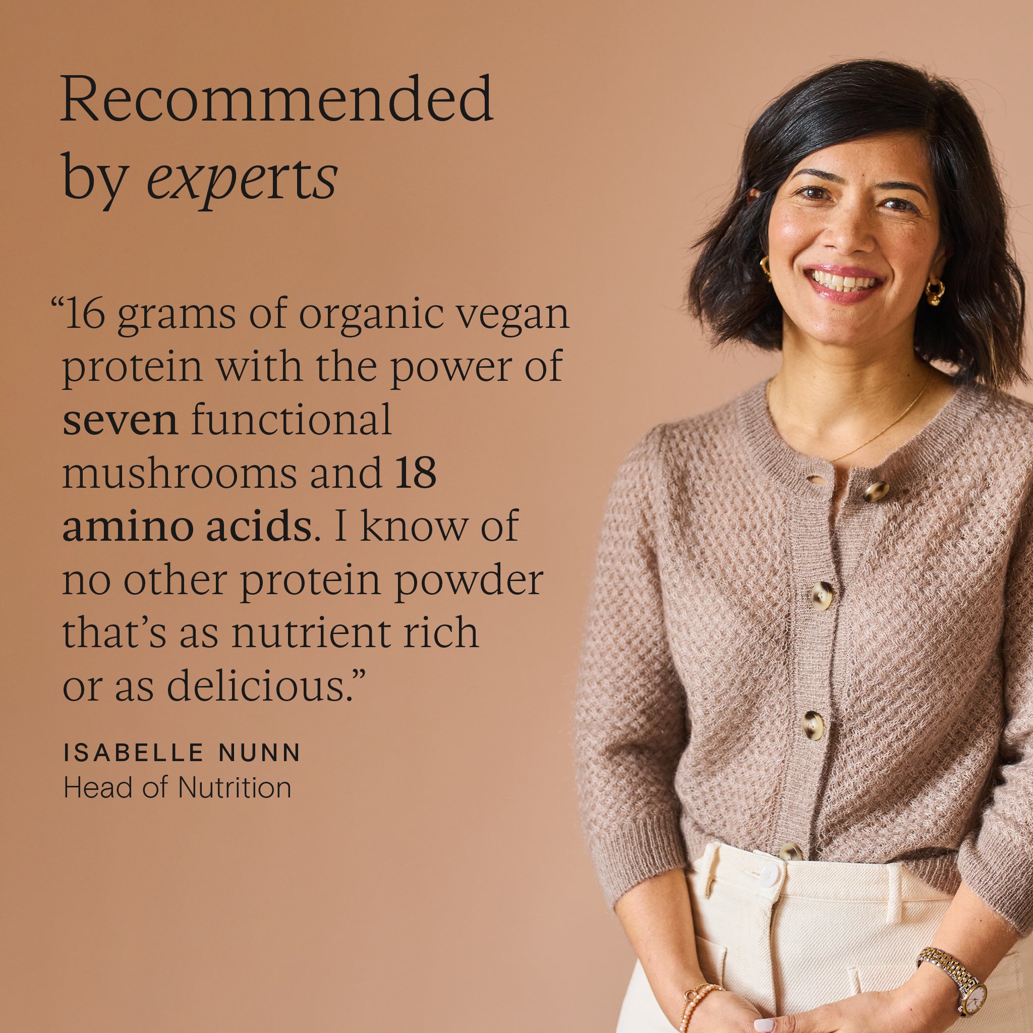 Isabelle Nunn, Head of Nutrition, endorsing Food-Grown Organic Protein Powder with vegan protein and superfood benefits.