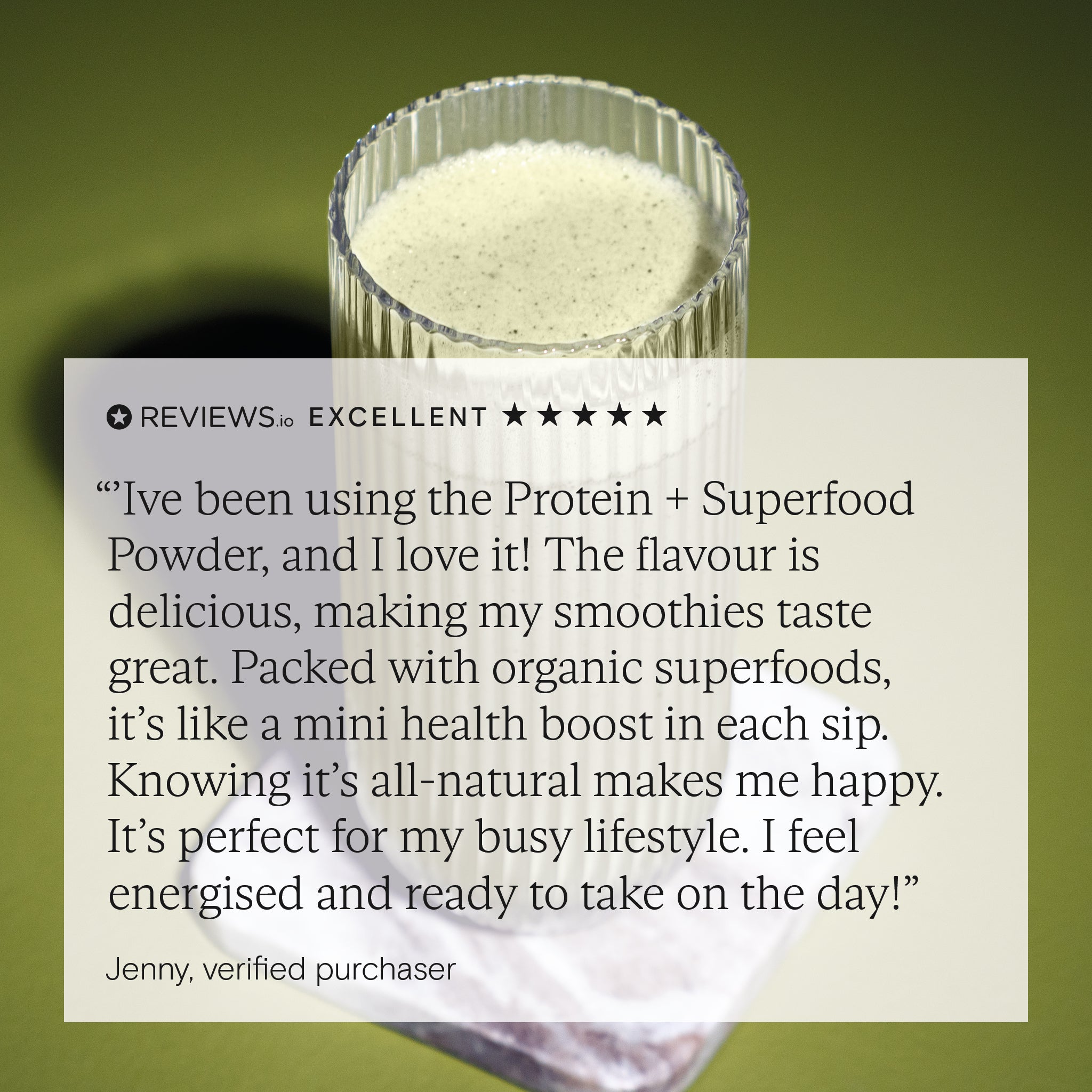 Customer review for Food-Grown® Organic Protein + Superfood Powder highlighting its taste and health benefits.