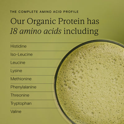 Amino acid profile of Food-Grown® Organic Protein showing 18 essential amino acids including histidine, leucine, and valine.