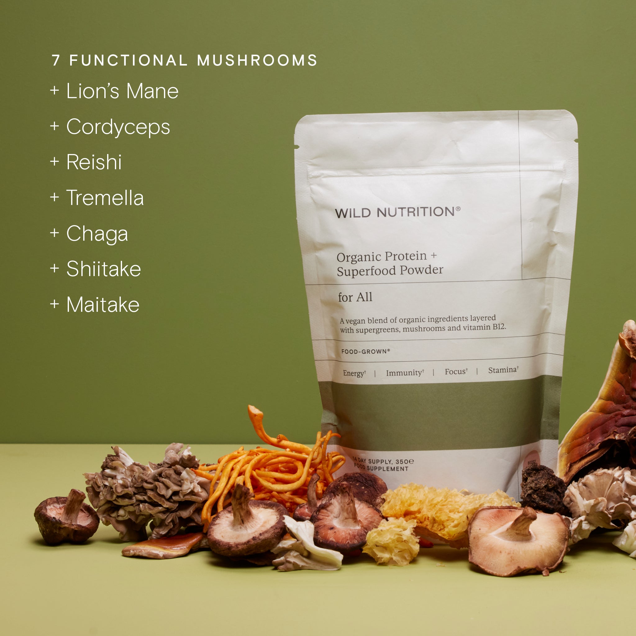 Food-Grown Organic Protein + Superfood Powder with 7 functional mushrooms displayed on a green background.