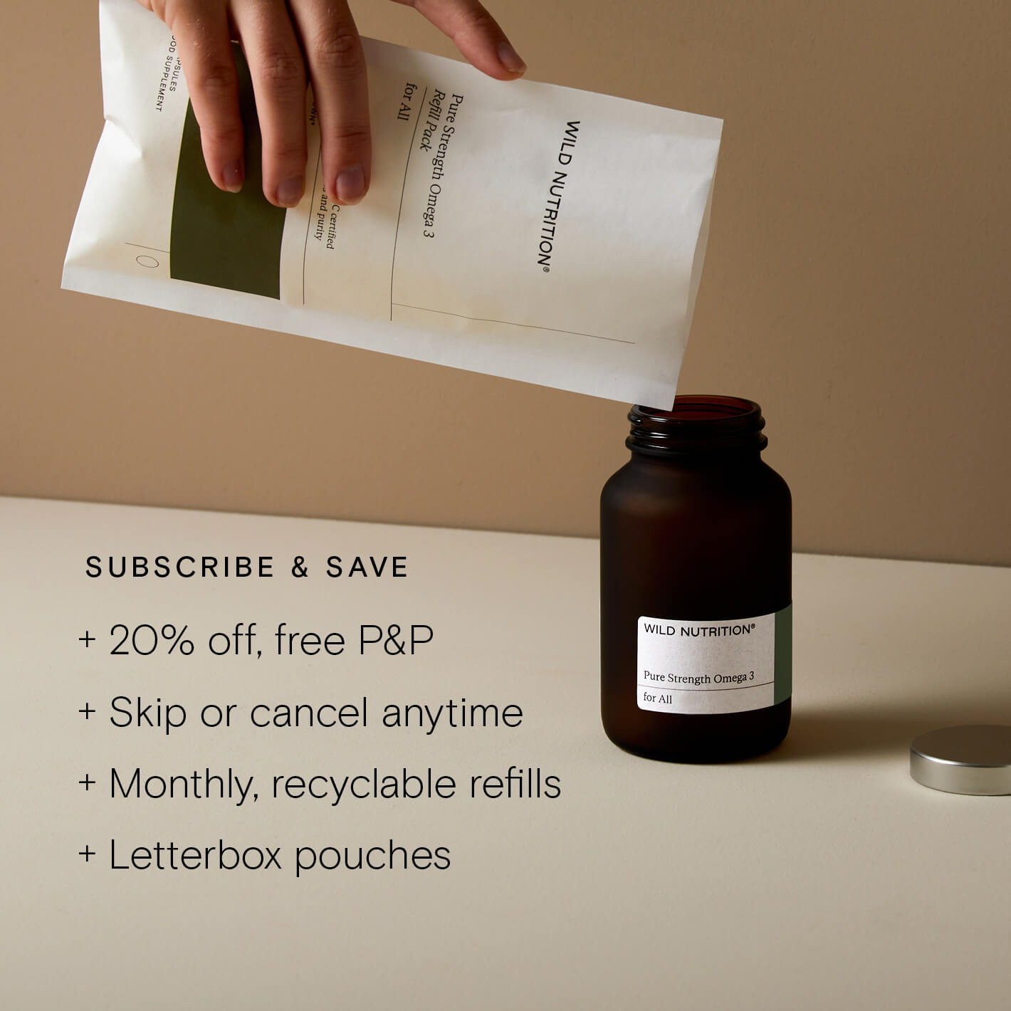 Wild Nutrition supplement bottle with Omega 3, packaging, and subscription details for easy access and savings.