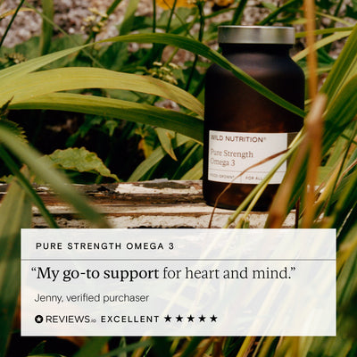 Customer review of Wild Nutrition Pure Strength Omega 3 highlighting support for heart and mind health.