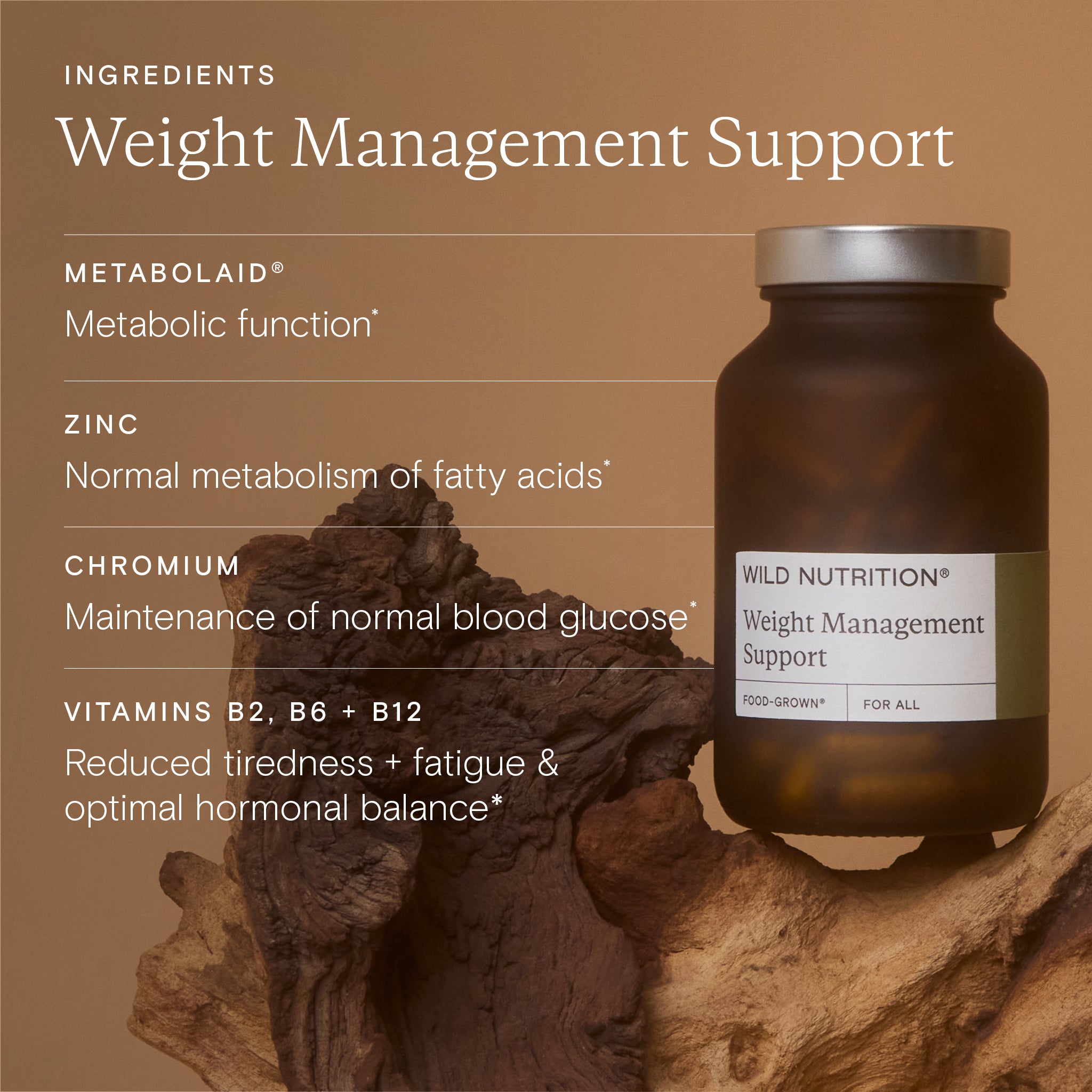 Wild Nutrition weight management support supplement bottle with ingredients listed on a brown background