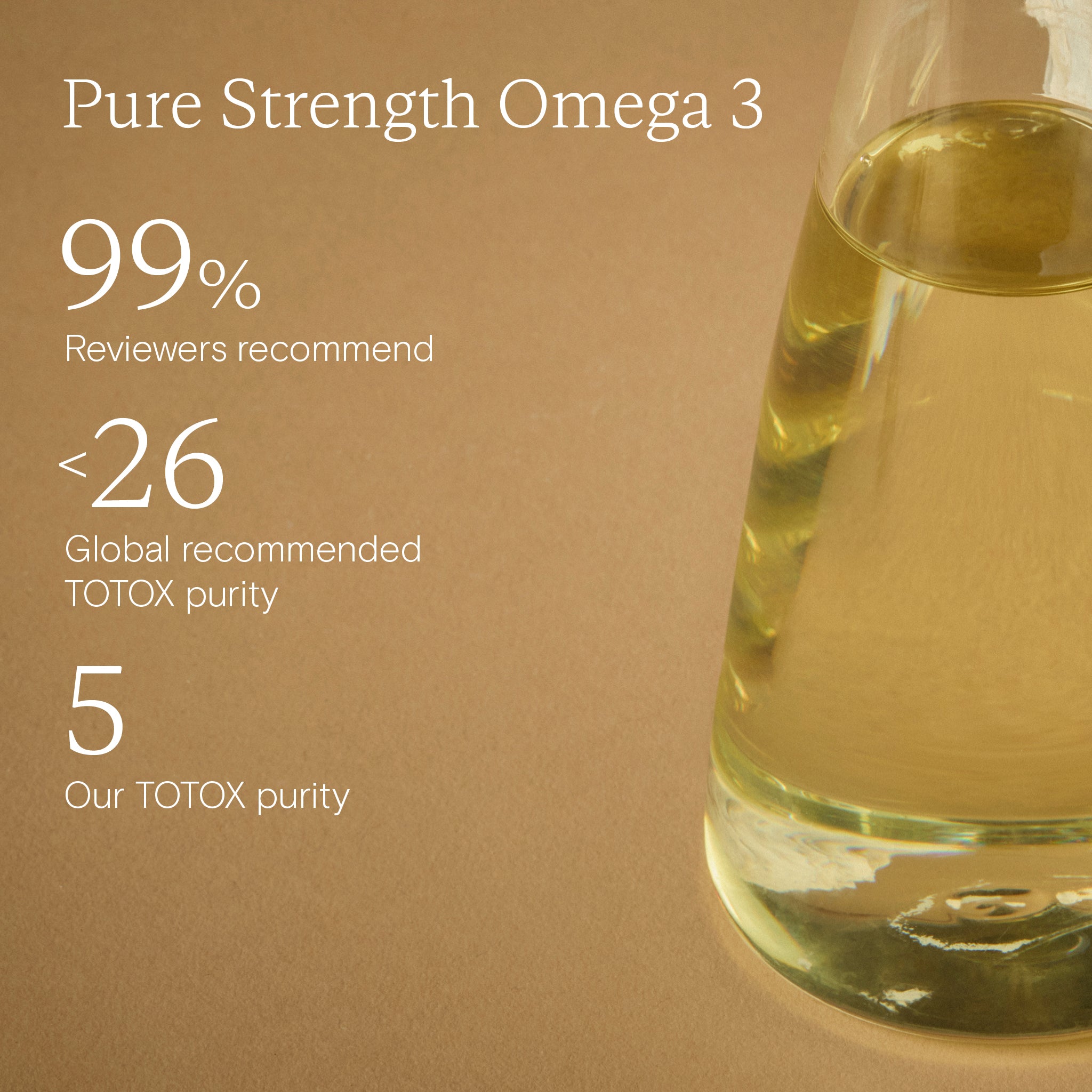 Glass bottle of Pure Strength Omega 3 with product purity details on a brown background
