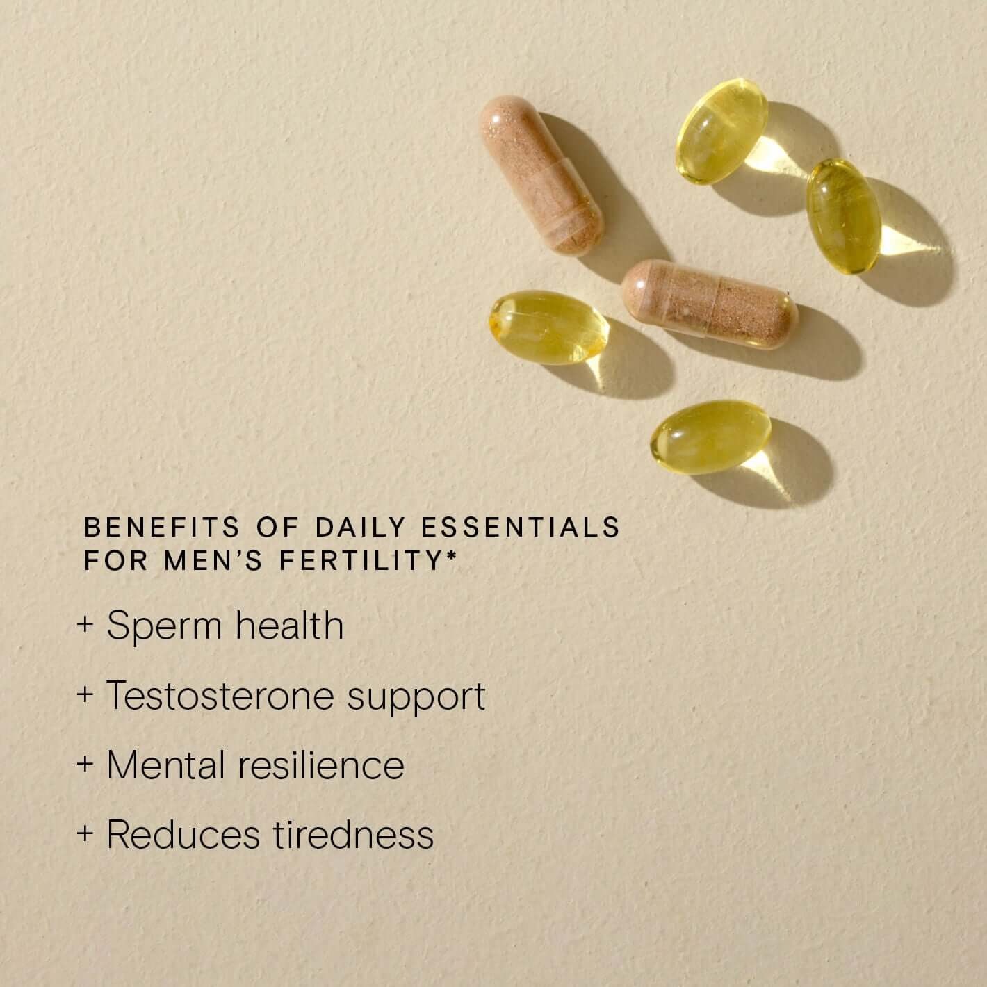 Daily Essentials for Men's Fertility supplements promoting sperm health, testosterone support, mental resilience, and reduced tiredness.