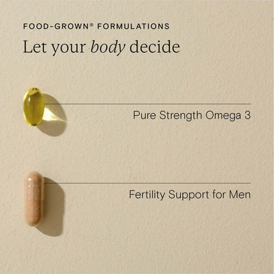 Pure Strength Omega 3 and Fertility Support for Men dietary supplements for men's health and fertility.