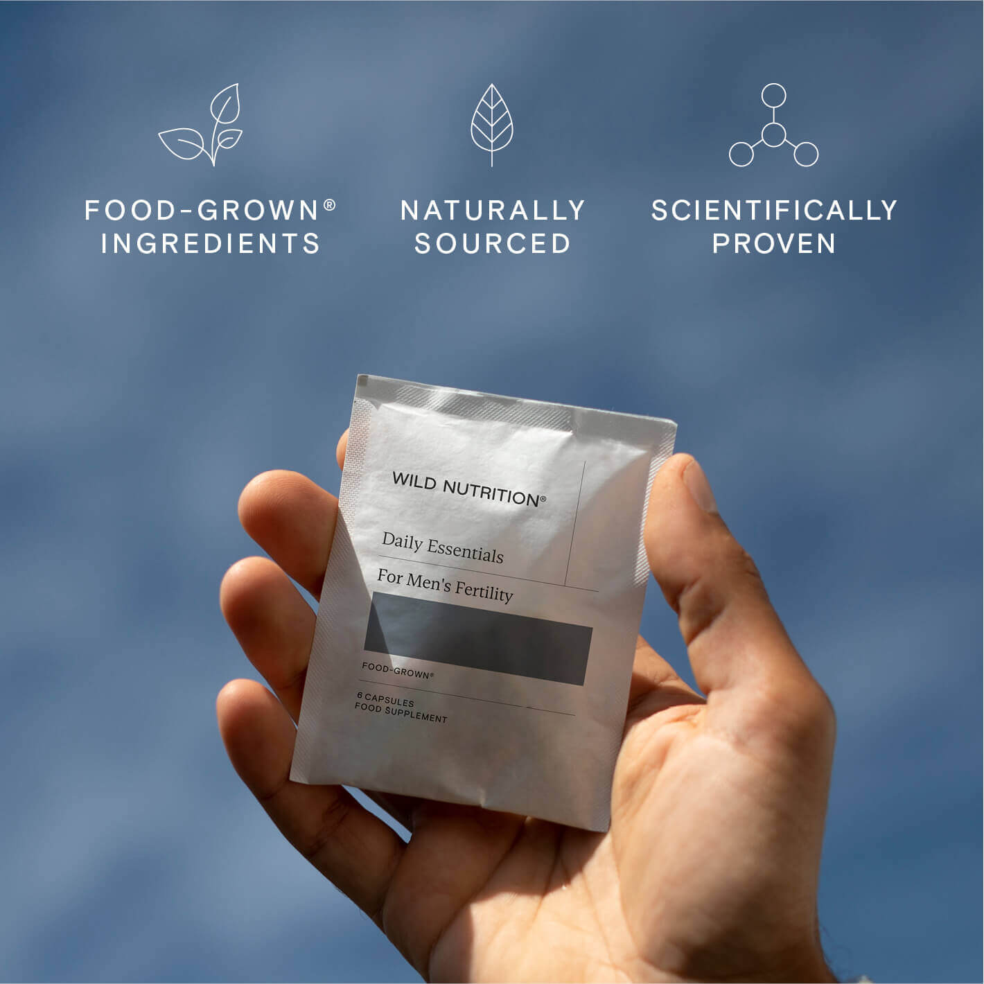 Hand holding Wild Nutrition Daily Essentials for Men's Fertility sachet, showcasing food-grown ingredients and proven benefits.