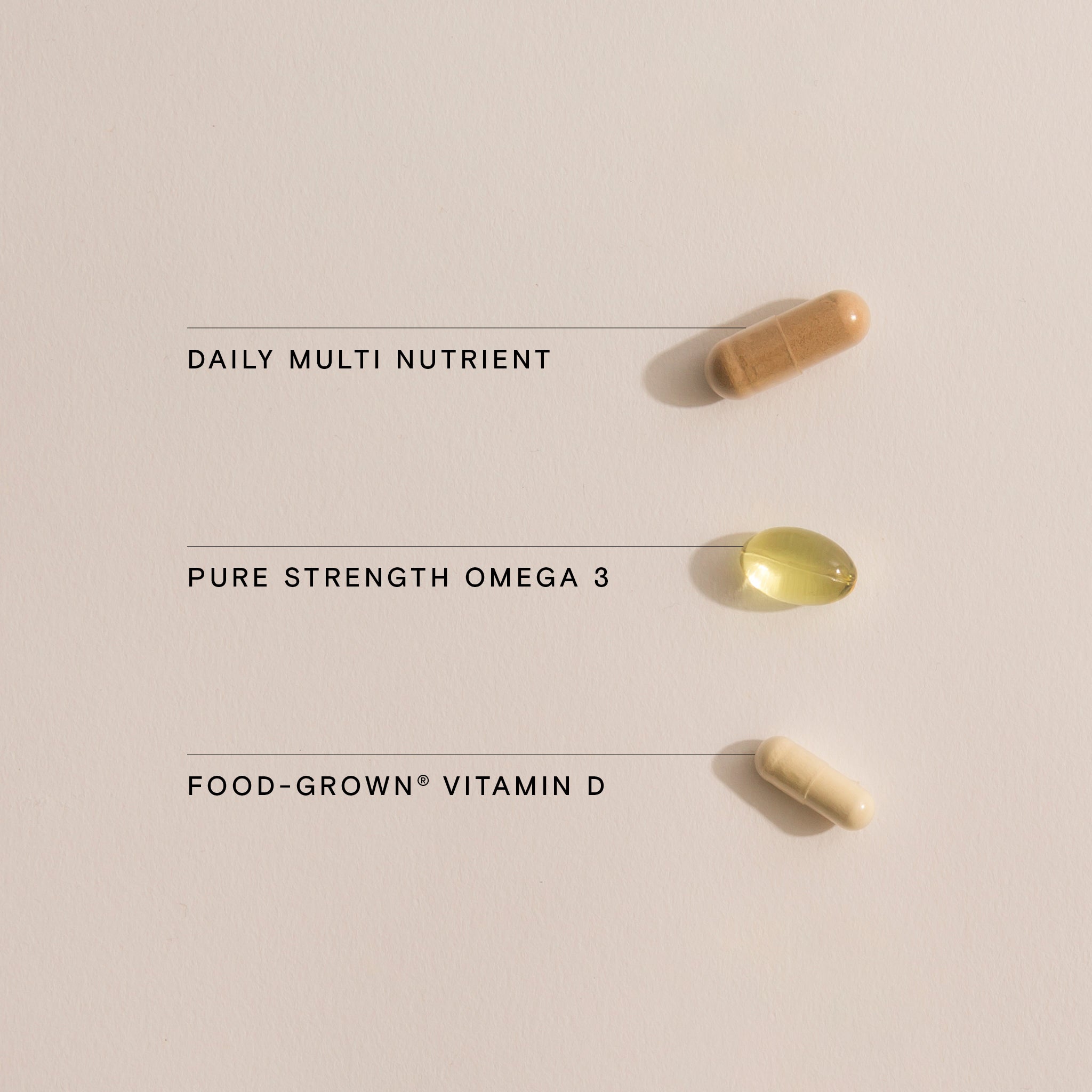 Close-up of Daily Multi Nutrient, Pure Strength Omega 3, and Food-Grown Vitamin D capsules from Wild Nutrition Daily Essentials for Men.