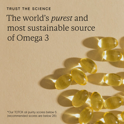 Wild Nutrition Pure Strength Omega 3 capsules with purity and sustainability claim for Daily Essentials for Men.