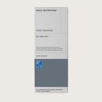 Box of Wild Nutrition Daily Essentials for Men 45+ with Food-Grown formula, designed to support testosterone, heart, brain and immune function
