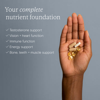 Hand holding daily supplement capsules for men over 45 with listed benefits including testosterone support, immune health, and energy boost