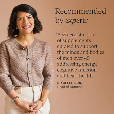 Head of Nutrition recommending Daily Essentials supplement trio for men over 45 to support energy, heart health, and brain function