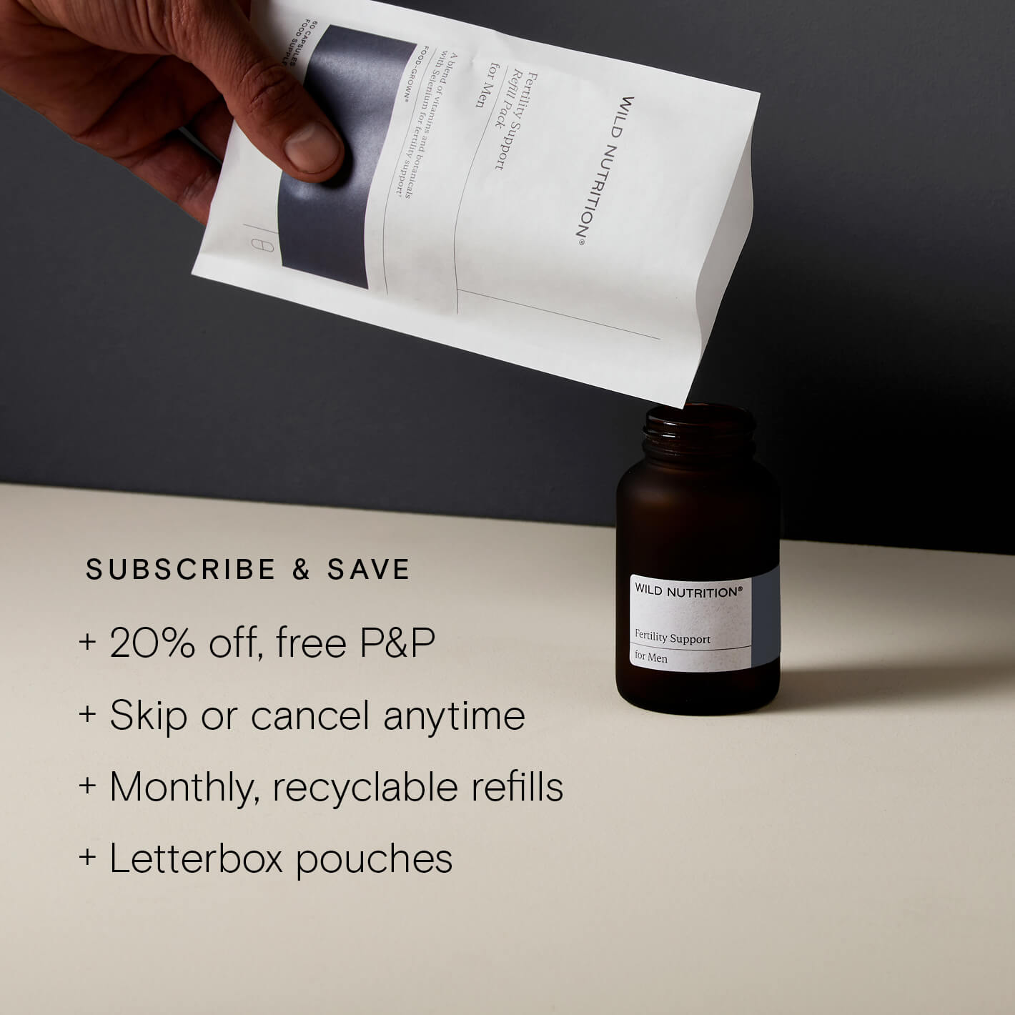 Wild Nutrition men's fertility supplement bottle with subscription details and benefits for enhanced health support.