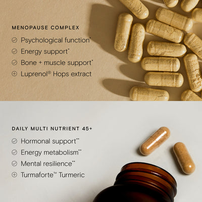 Vitamins and supplements with text highlighting key benefits on beige background