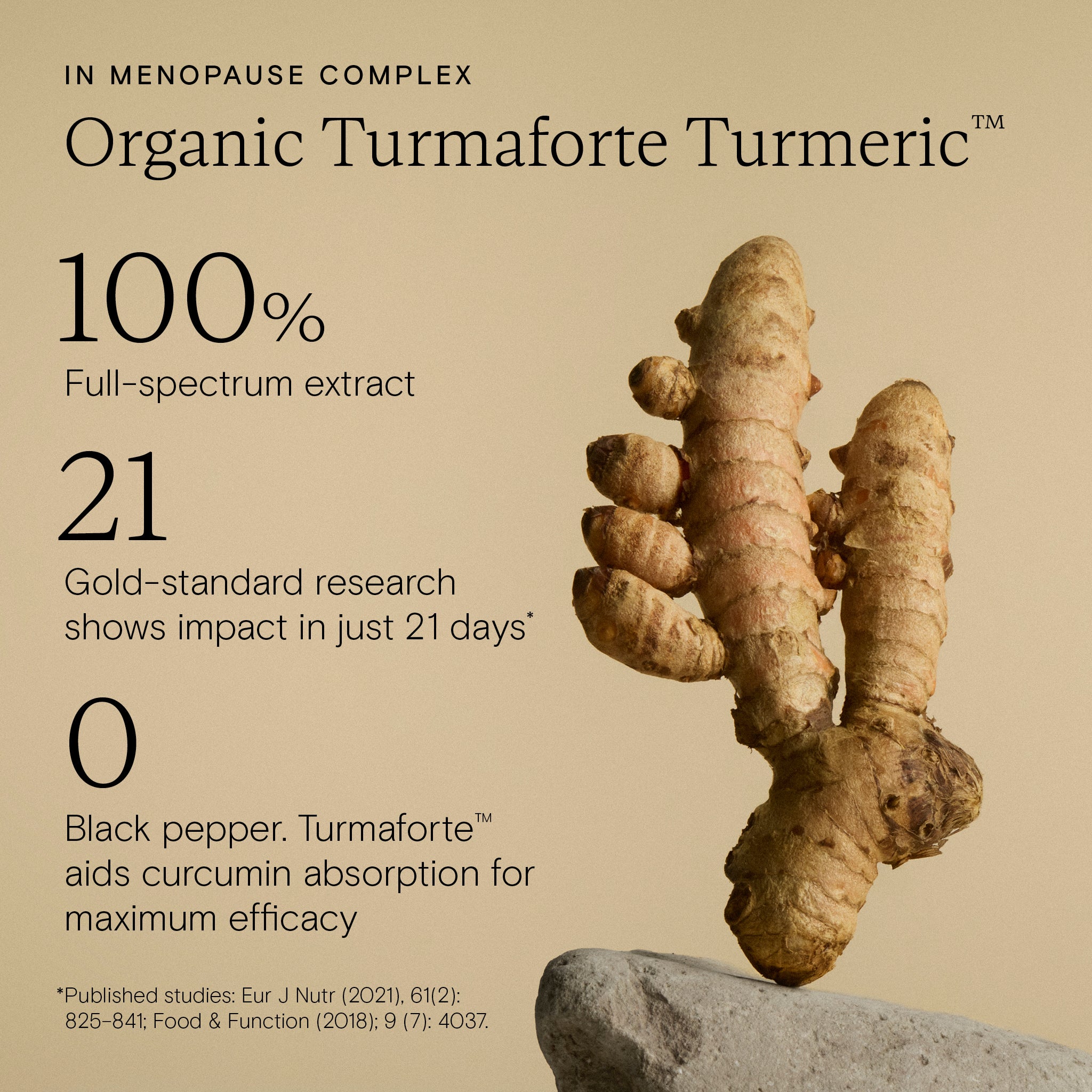Advertisement for Organic Turmaforte Turmeric with turmeric root on beige background