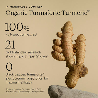 Advertisement for Organic Turmaforte Turmeric with turmeric root on beige background