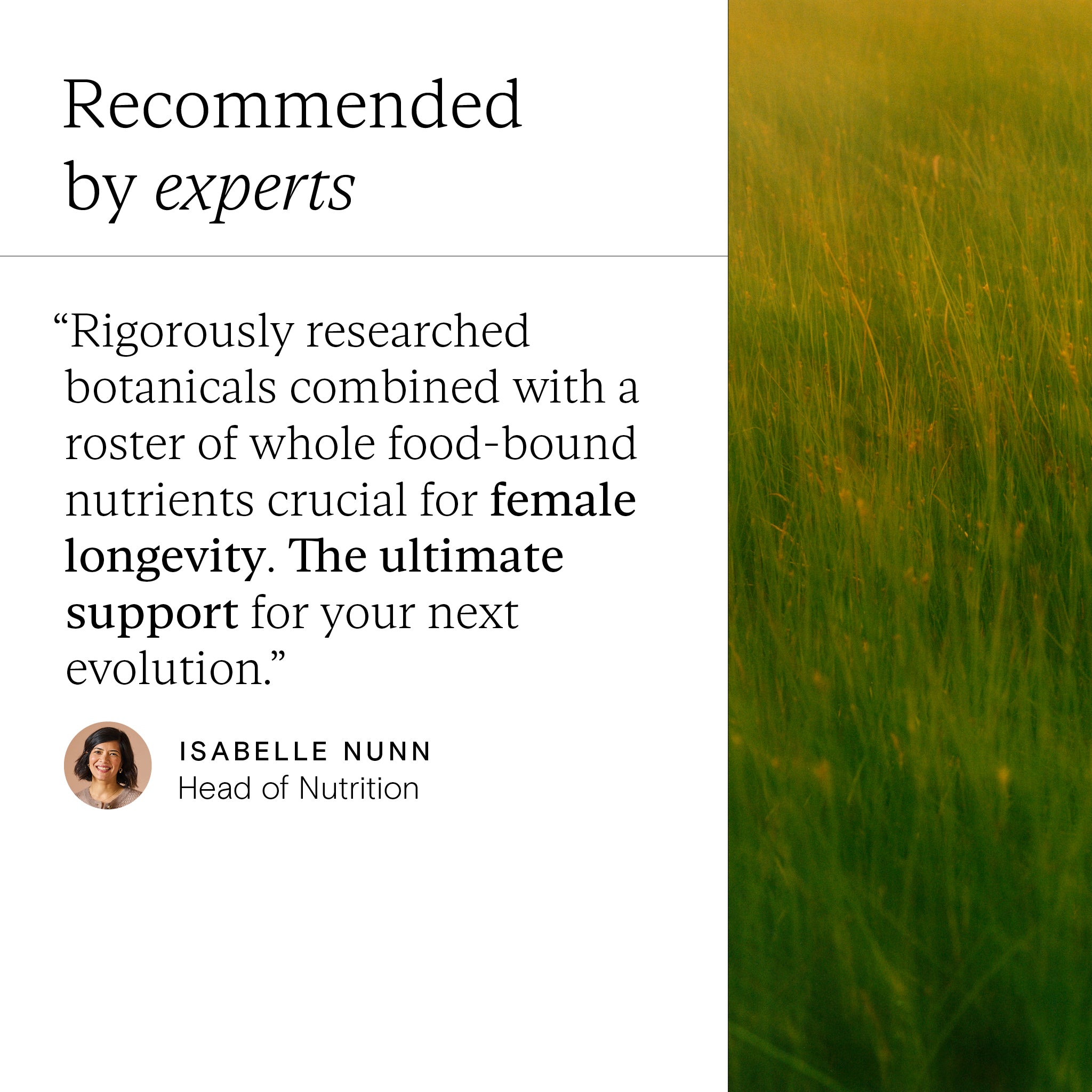 Head of Nutrition quote on white background with green field on right sid