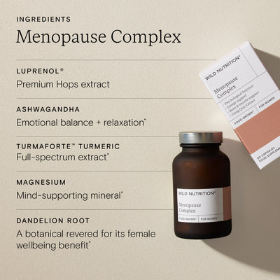 Wild Nutrition Food-Grown Menopause Complex supplement bottle with ingredients on beige background